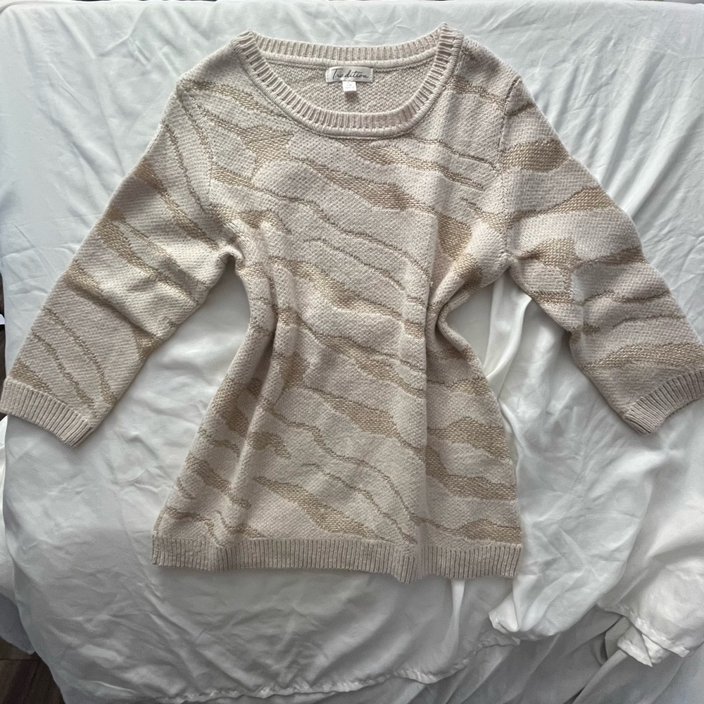 Tradition Beige Gold Metallic Abstract Animal Print Knit Sweater Size M